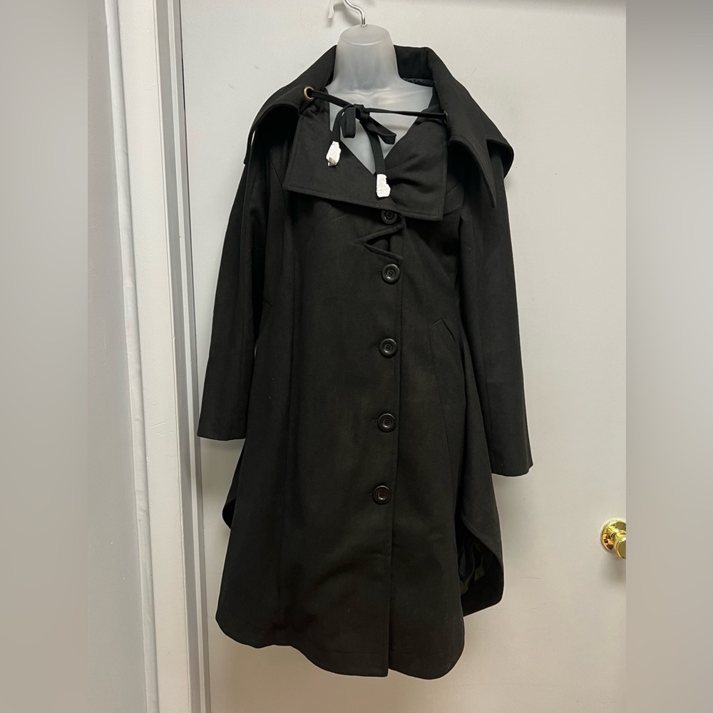 ✨ VENUS Black Hooded A-Line Coat | Dramatic Collar Tie-Neck Trench Style ✨
